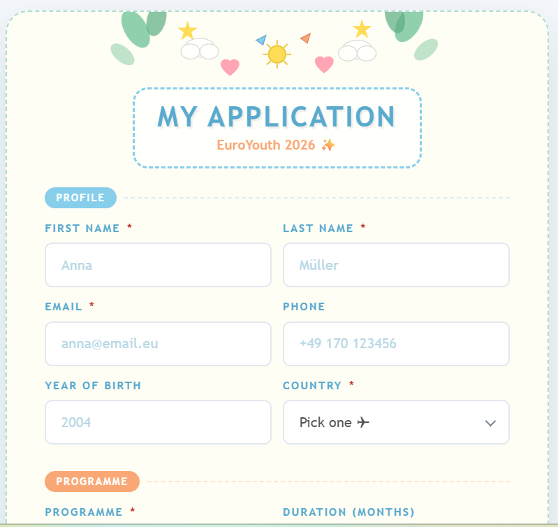 Kawaii Diary Application form with pastel headings, playful illustrations and profile fields