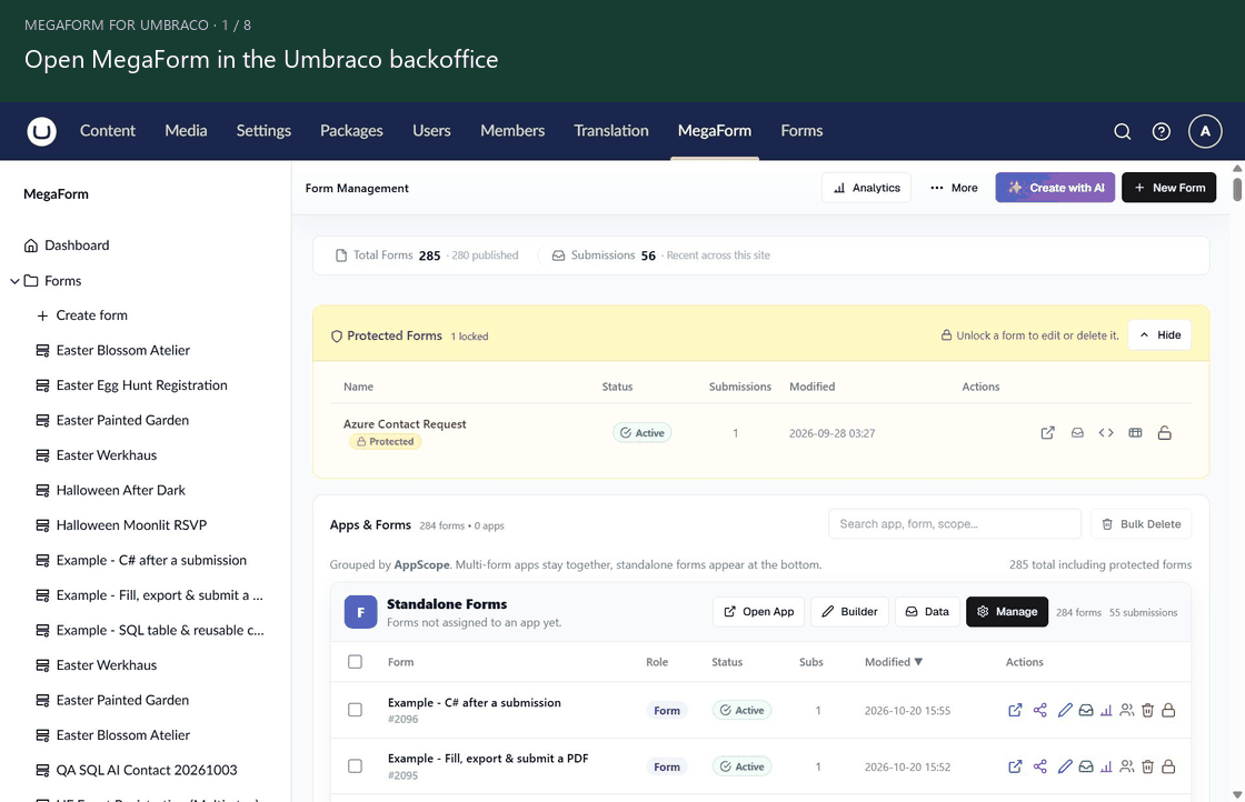 Create a form through the five-step MegaForm wizard