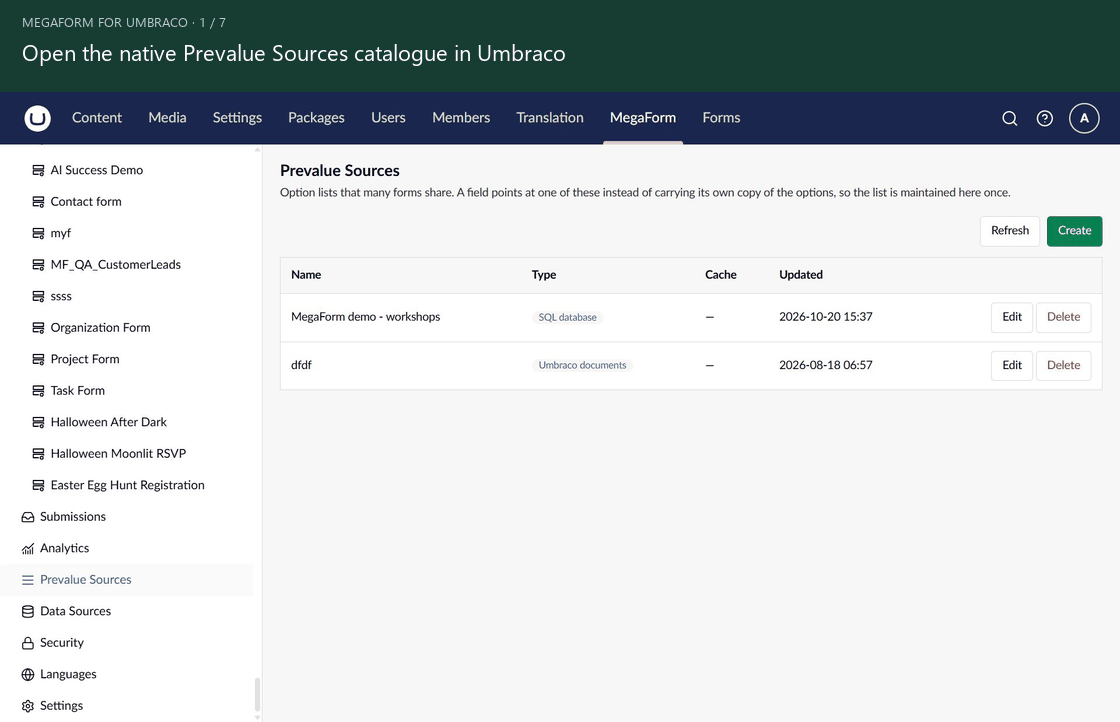 Configure and preview a shared prevalue source in Umbraco