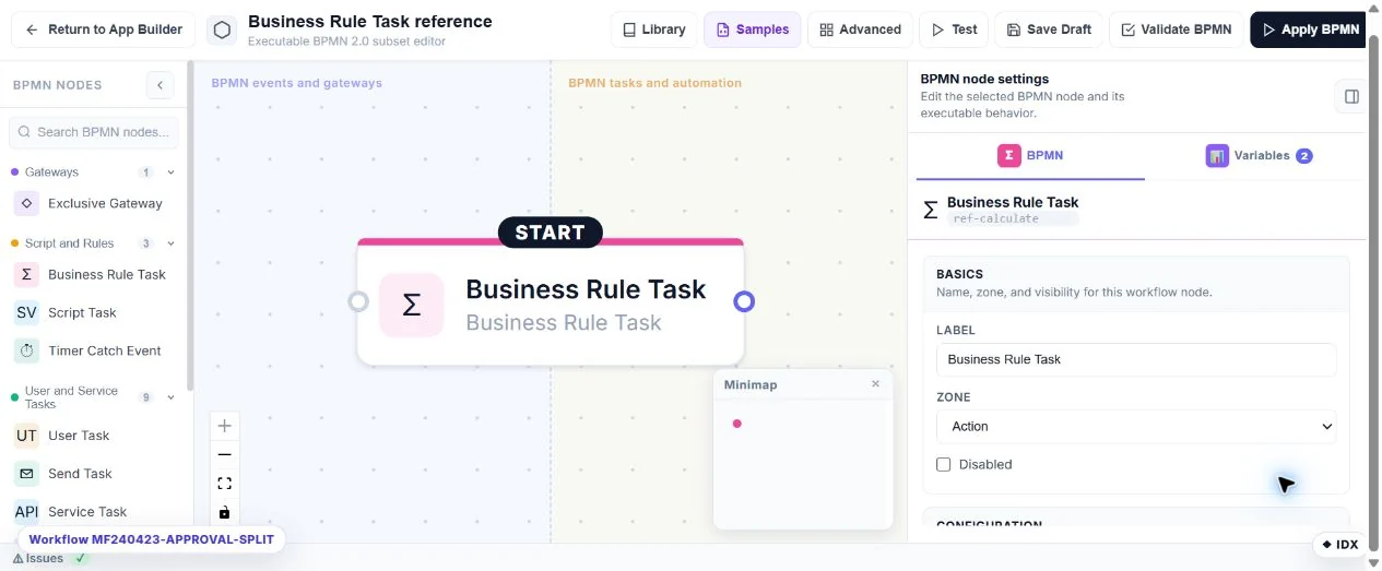 Business Rule Task: configuration in the running Umbraco MegaForm builder
