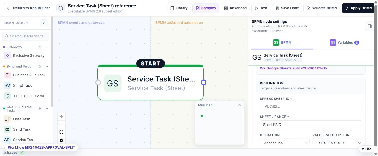 Service Task (Sheet): configuration in the running Umbraco MegaForm builder