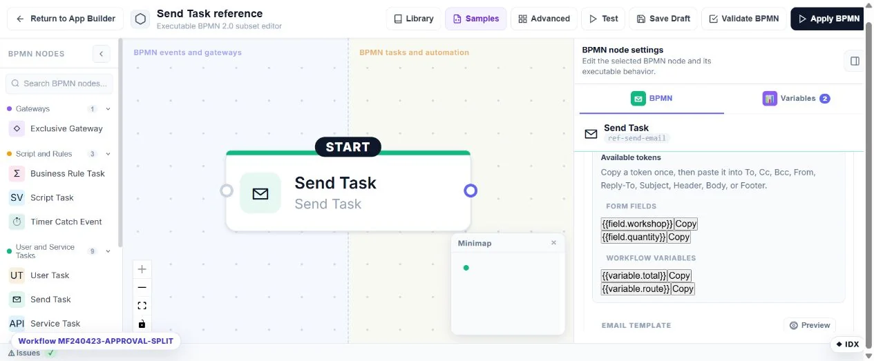 Send Task: configuration in the running Umbraco MegaForm builder