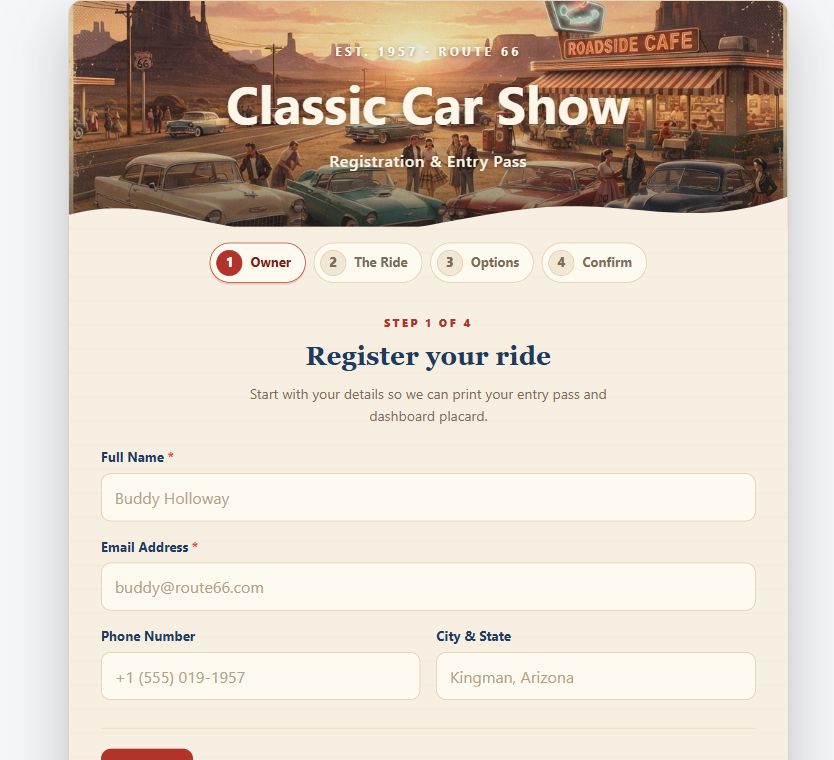 Classic Car Show Registration on Umbraco