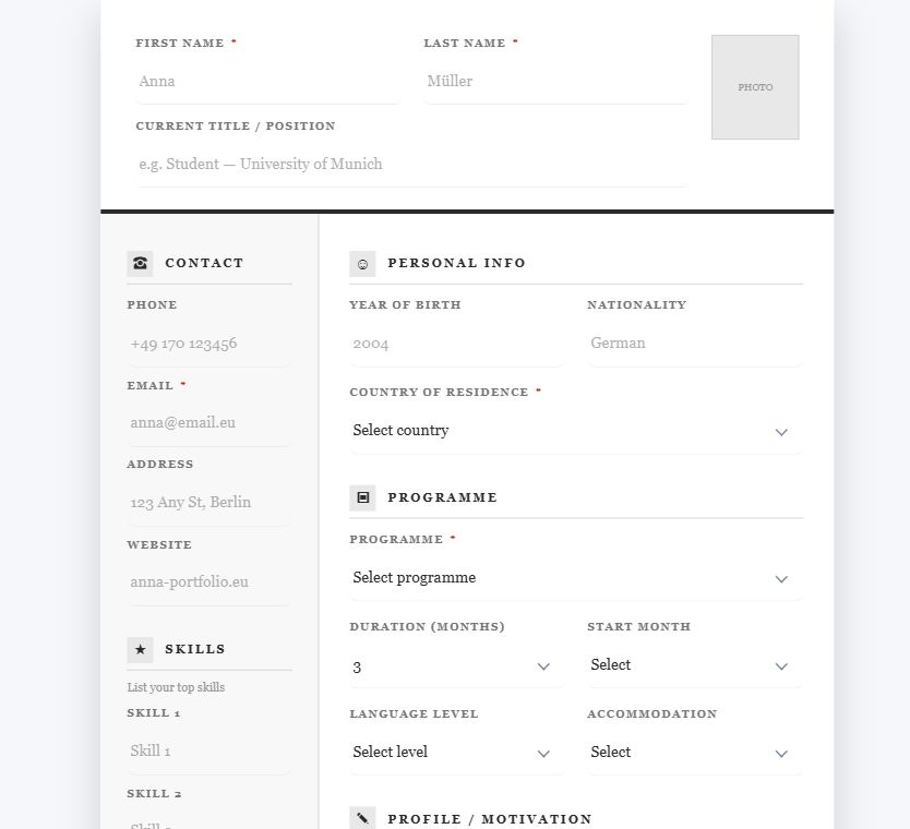 EuroYouth CV Registration on Umbraco