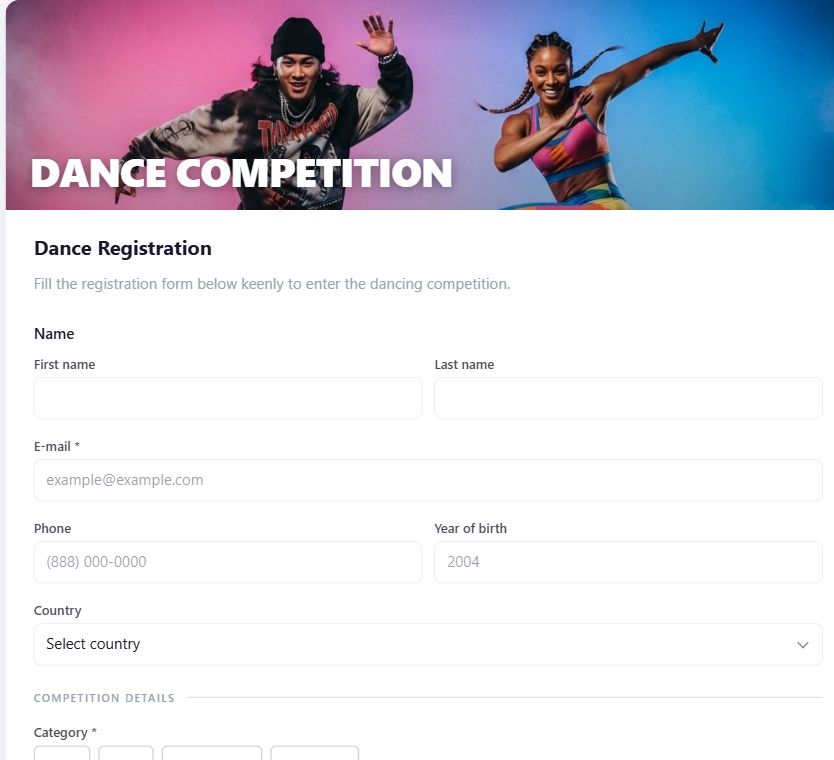 Dance Competition Registration on Umbraco