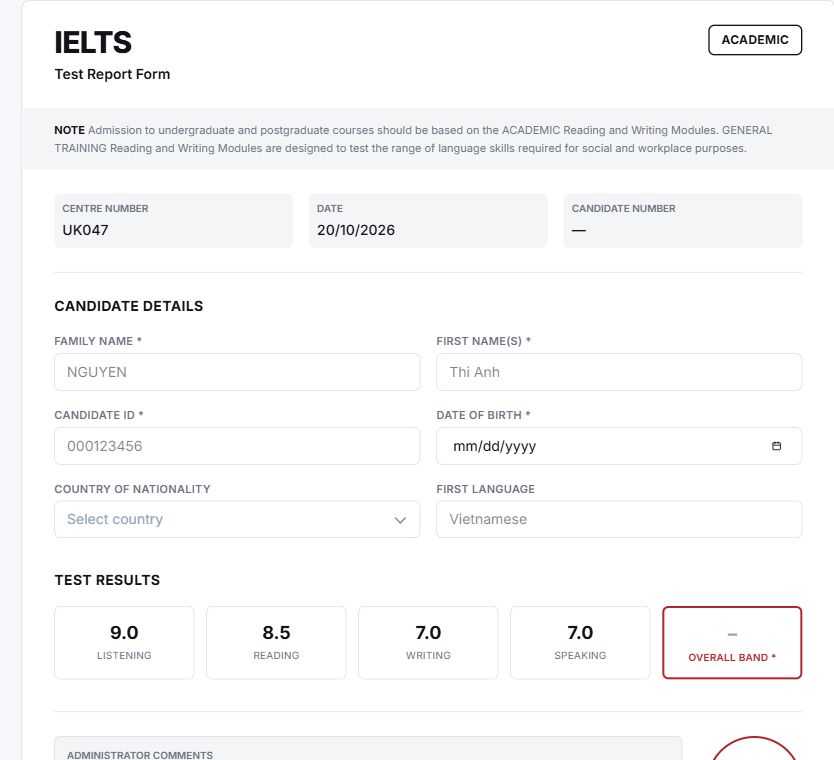 IELTS Test Report Form on Umbraco